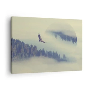 Canvas picture - An eagle in flight against a backdrop of misty mountains with an artistic circular motif - 70x50cm - Flying Eagle  - Modern wall decoration for the living room and bedroom ARTTOR