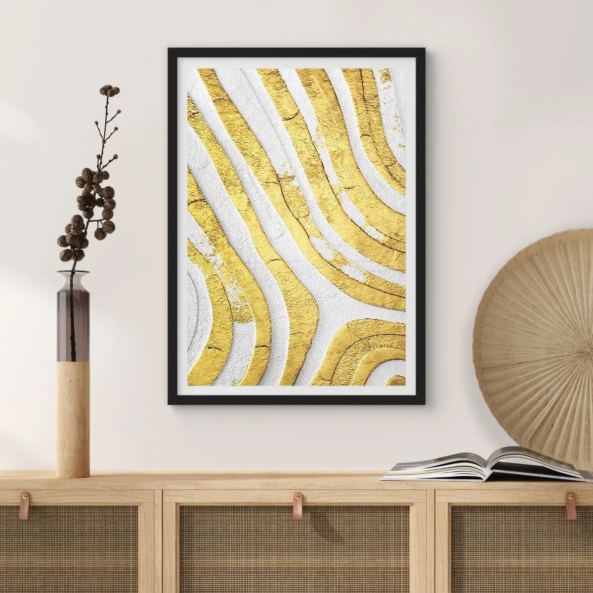 Poster in black frame - Golden lines on a white background in an abstract style - 50x70cm - Composition in White and Gold - Modern wall decoration for the living room and bedroom ARTTOR