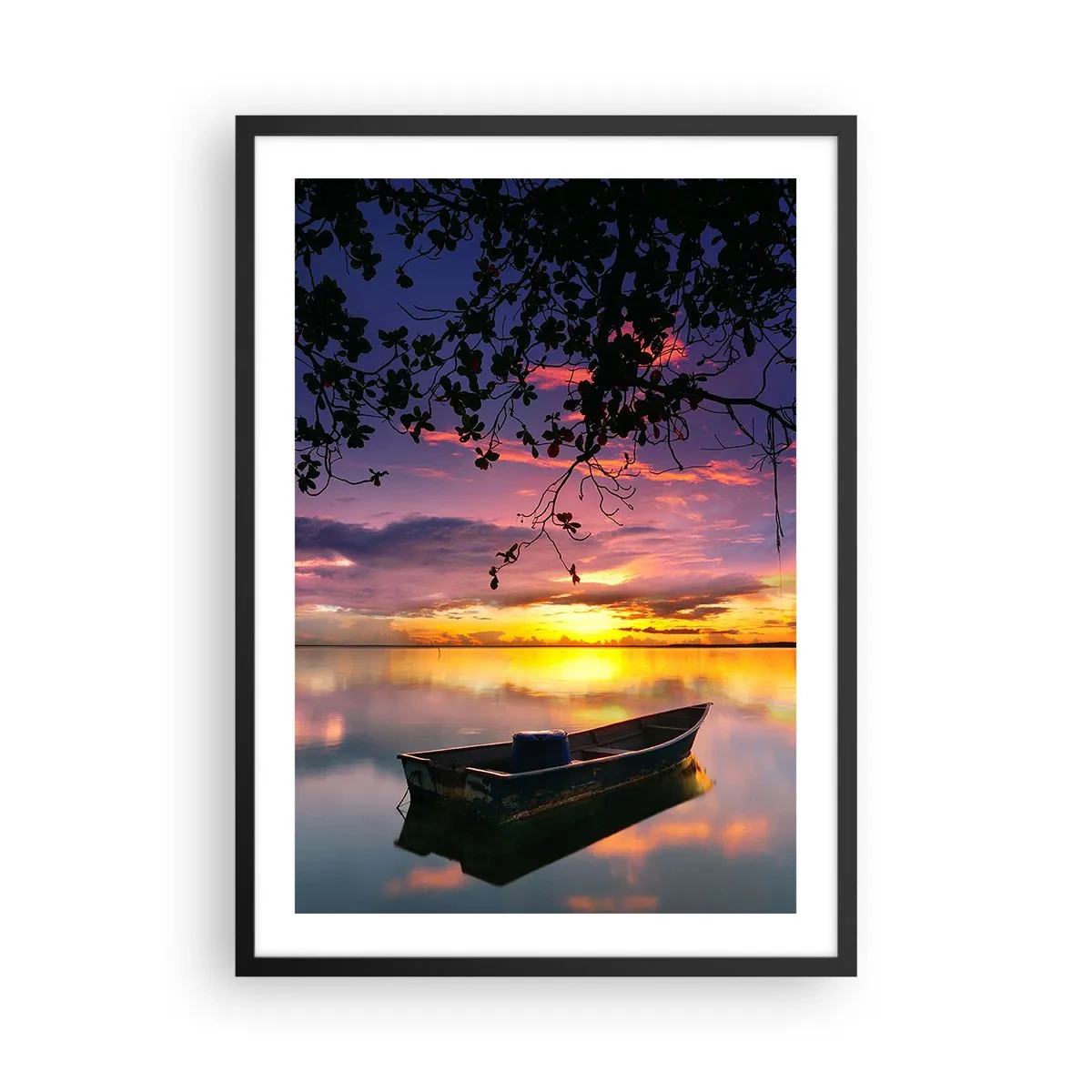 Poster in black frame - A boat on a calm lake at sunset - 50x70cm - Serenity of the Lake - Modern wall decoration for the living room and bedroom ARTTOR