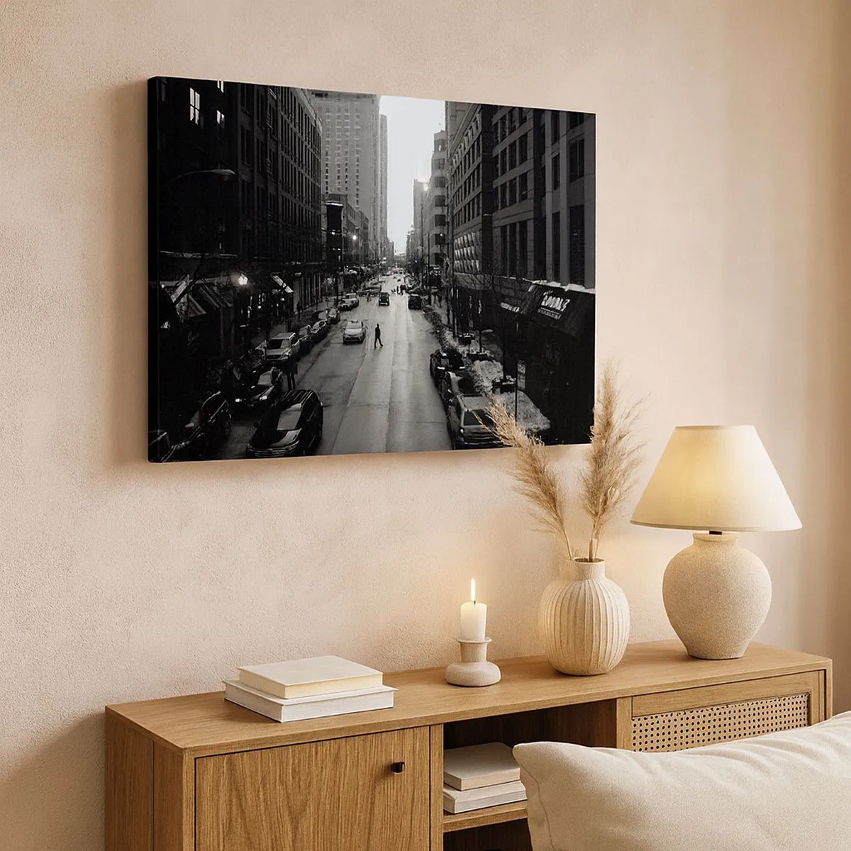 Canvas picture - A black and white street in the middle of the city with cars and pedestrians - 70x50cm - Another Normal Day - Modern wall decoration for the living room and bedroom ARTTOR