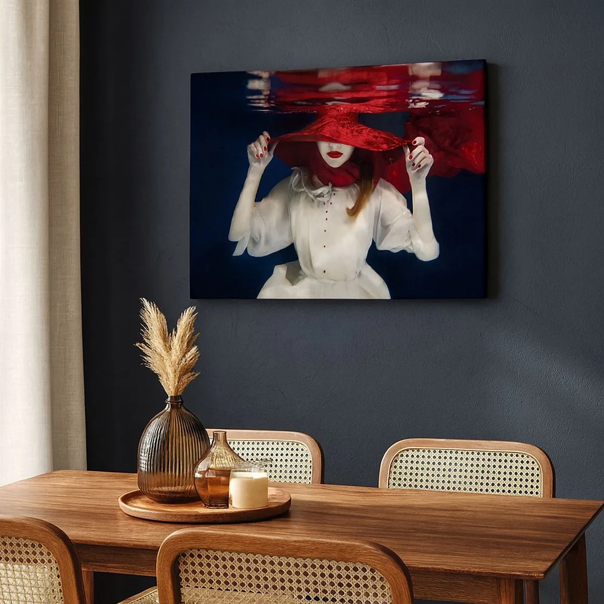 Canvas picture - A woman in a red hat immersed in water - 70x50cm - Mysterious Woman - Modern wall decoration for the living room and bedroom ARTTOR