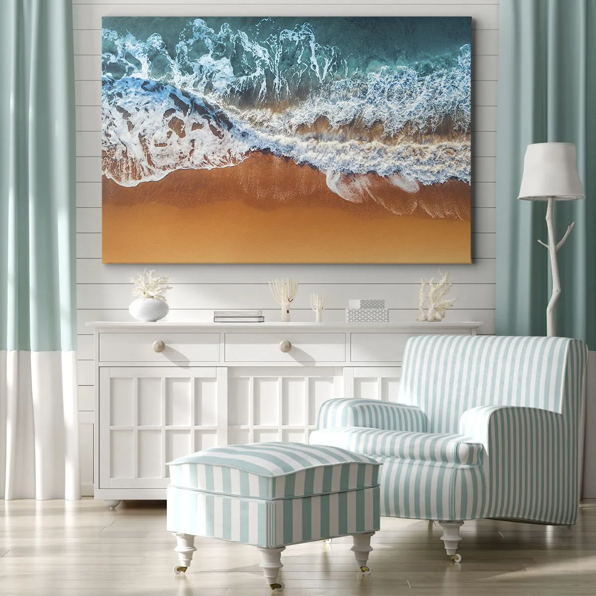Canvas picture - Aerial view of ocean waves crashing on the shore - 70x50cm - Always in a Couple - Modern wall decoration for the living room and bedroom ARTTOR