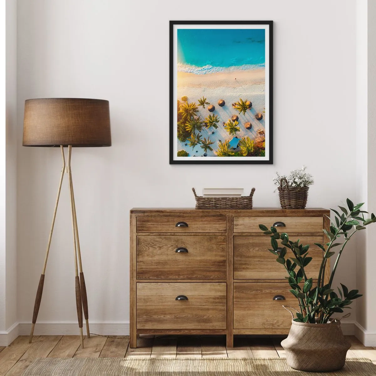 Poster in black frame - Aerial view of a paradise beach with palm trees and turquoise water - 50x70cm - Welcome to Paradise - Modern wall decoration for the living room and bedroom ARTTOR