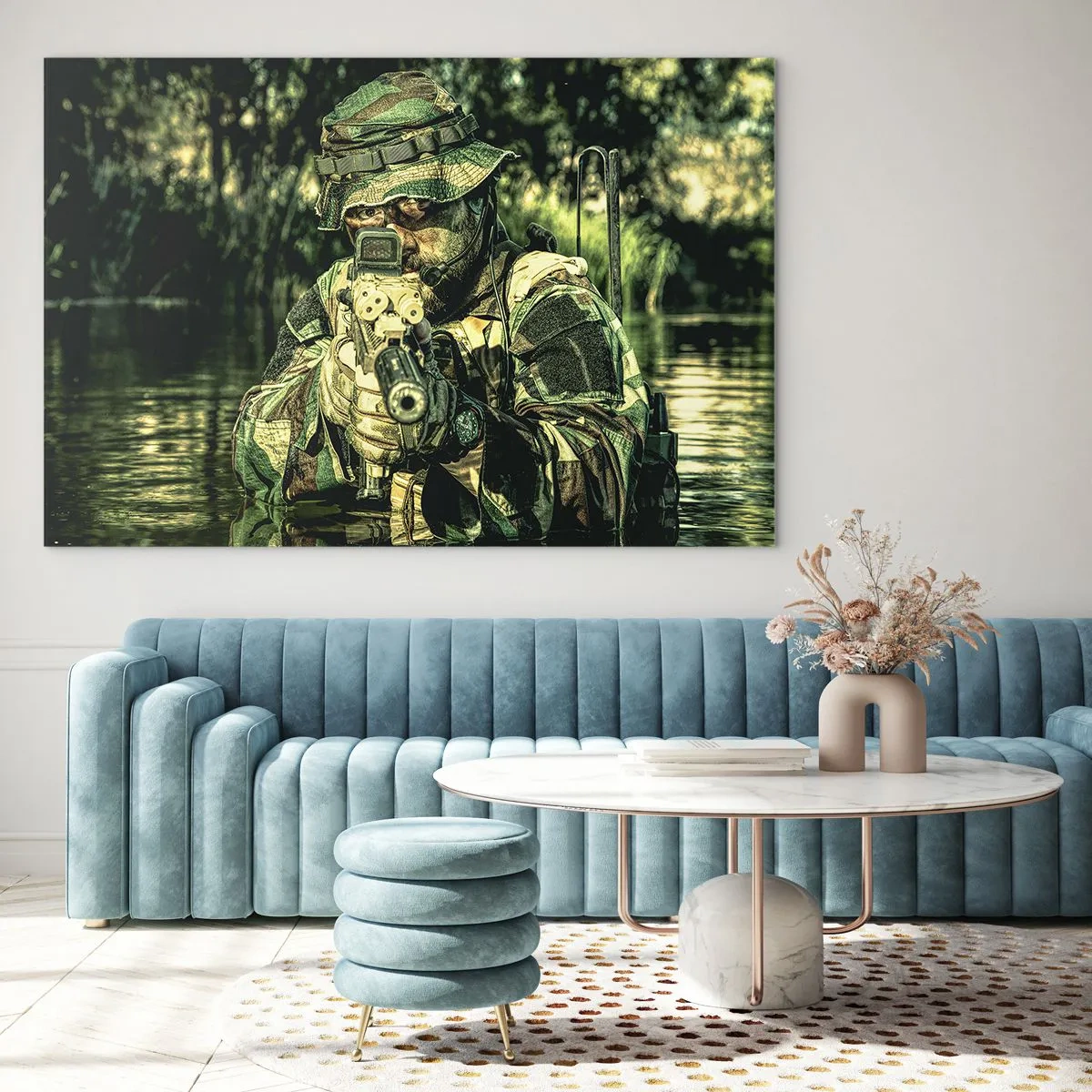 Glass picture - A soldier in full camouflage aims through a visor in a watery environment. - 70x50cm - Best of the Best - Modern wall decoration for the living room and bedroom ARTTOR