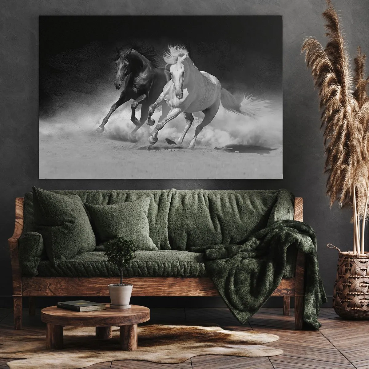 Canvas picture - Running horses in black and white - 70x50cm - Gallop of Freedom - Modern wall decoration for the living room and bedroom ARTTOR