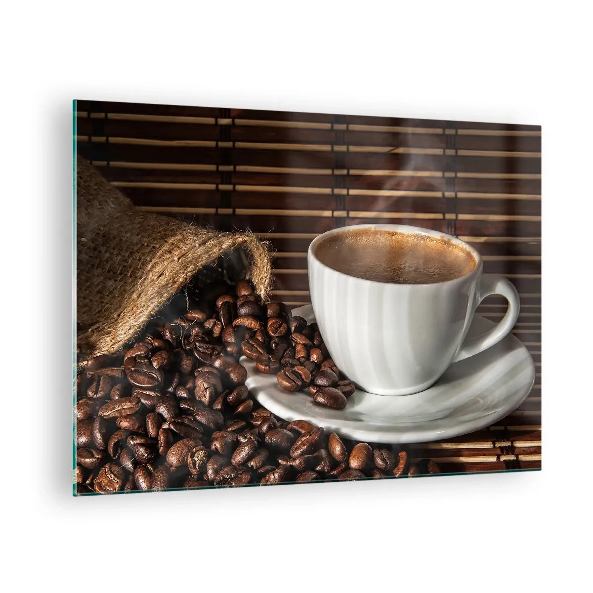 Glass picture - A cup of coffee with beans on a rustic background - 70x50cm - Blackness of Coal, Clarity of Diamond - Modern wall decoration for the living room and bedroom ARTTOR