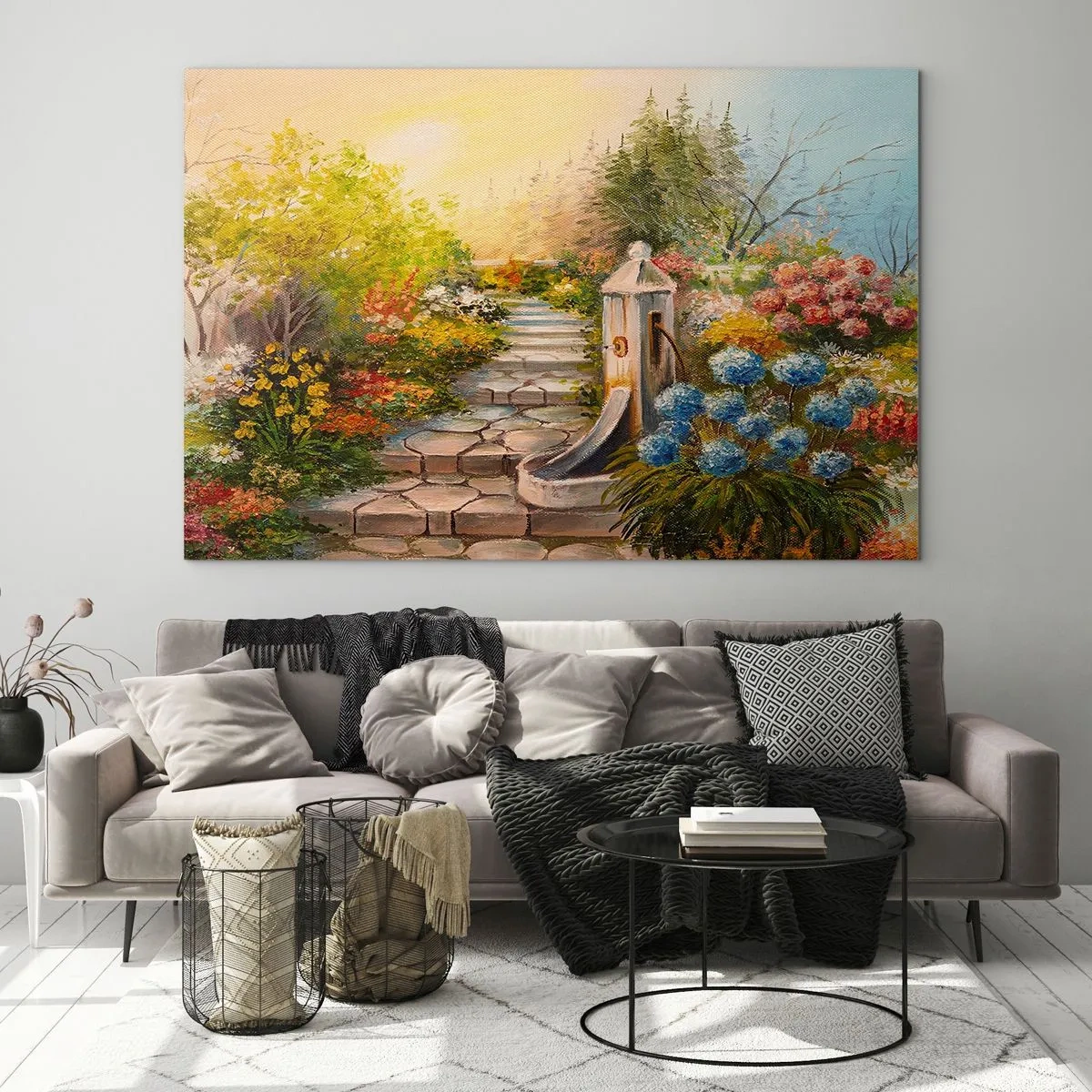 Glass picture - A flower garden with a fountain in full bloom - 70x50cm - In Full Bloom - Modern wall decoration for the living room and bedroom ARTTOR