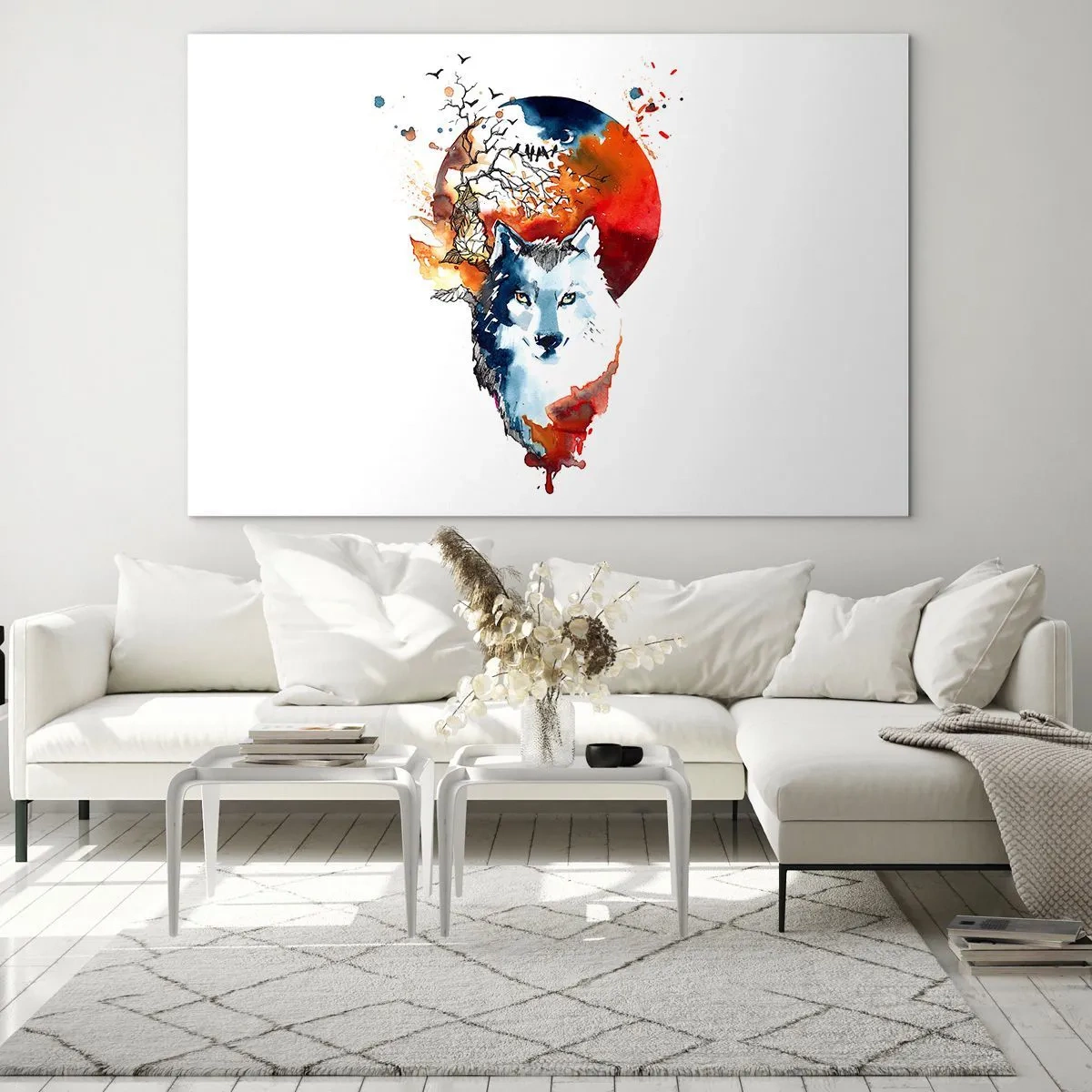 Glass picture - Illustration of a wolf with a full moon in the background - 70x50cm - Face to Face With the Night - Modern wall decoration for the living room and bedroom ARTTOR