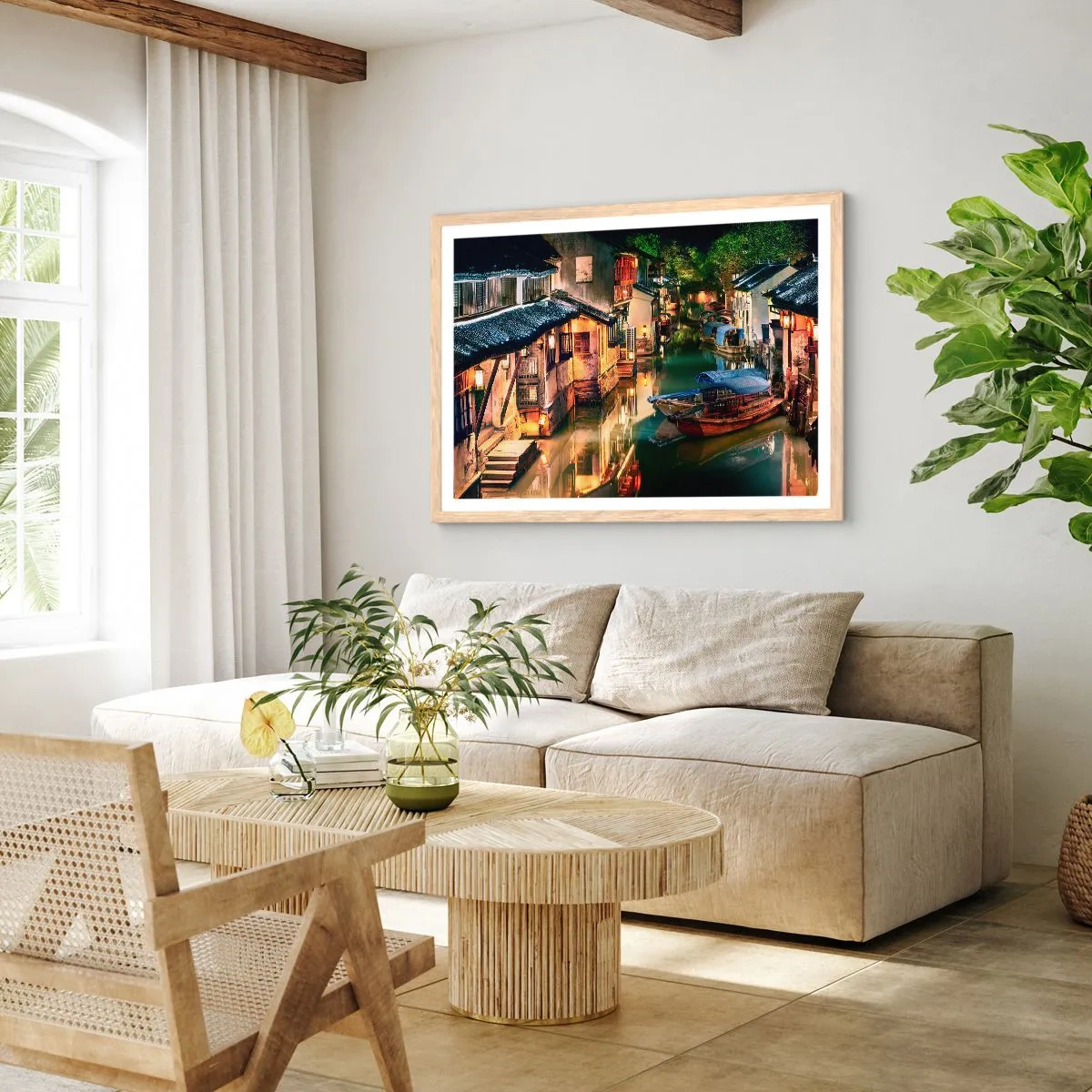 Poster in light oak frame - Evening on a Chinese Street - 40x30 cm