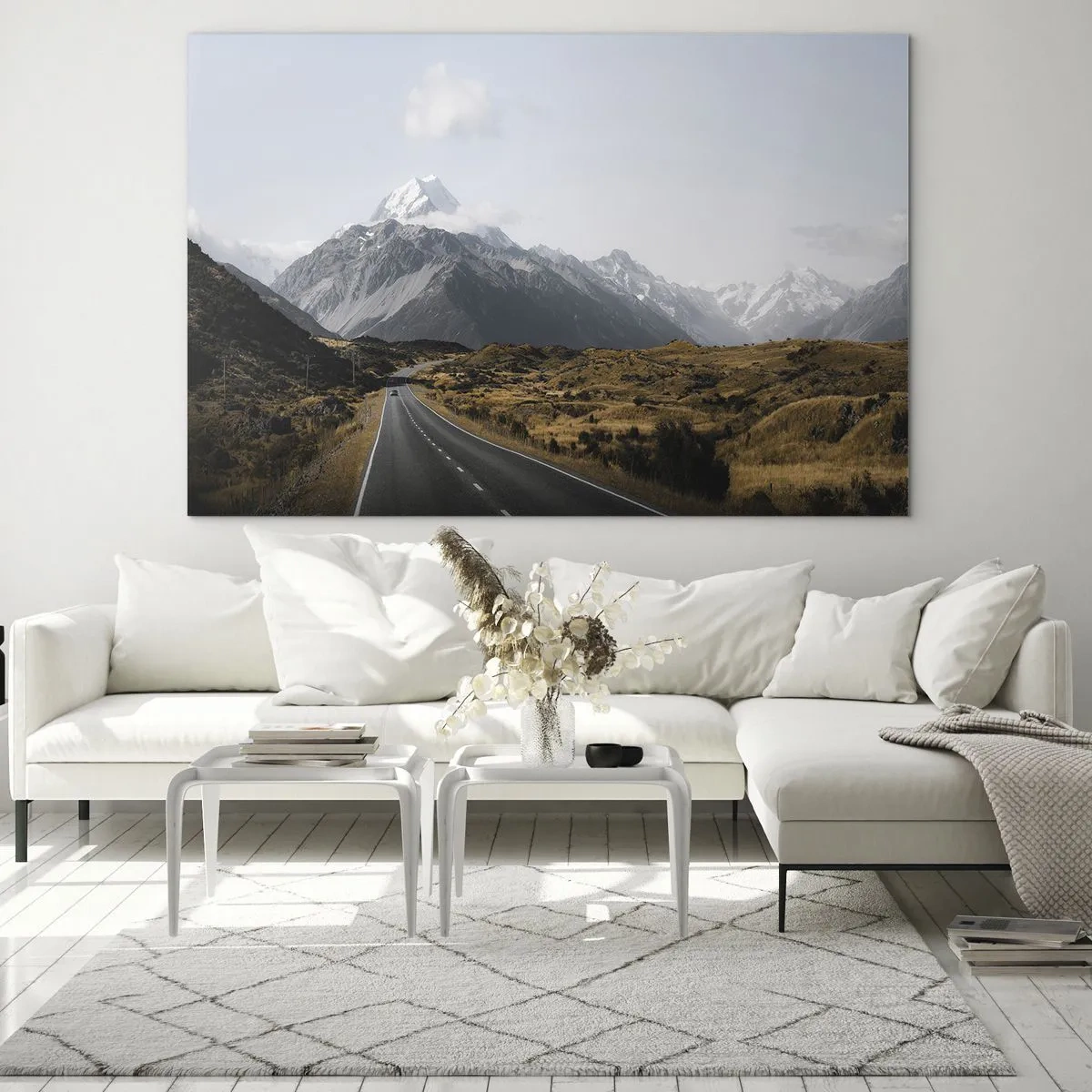 Glass picture - An asphalt road leading towards the snow-capped mountains - 70x50cm - Road to the Heart of the Mountains - Modern wall decoration for the living room and bedroom ARTTOR