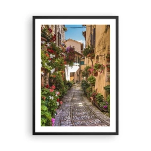 Poster in black frame - A charming street with flowers and a cobblestone path on a sunny day - 50x70cm - Italian Back Street - Modern wall decoration for the living room and bedroom ARTTOR