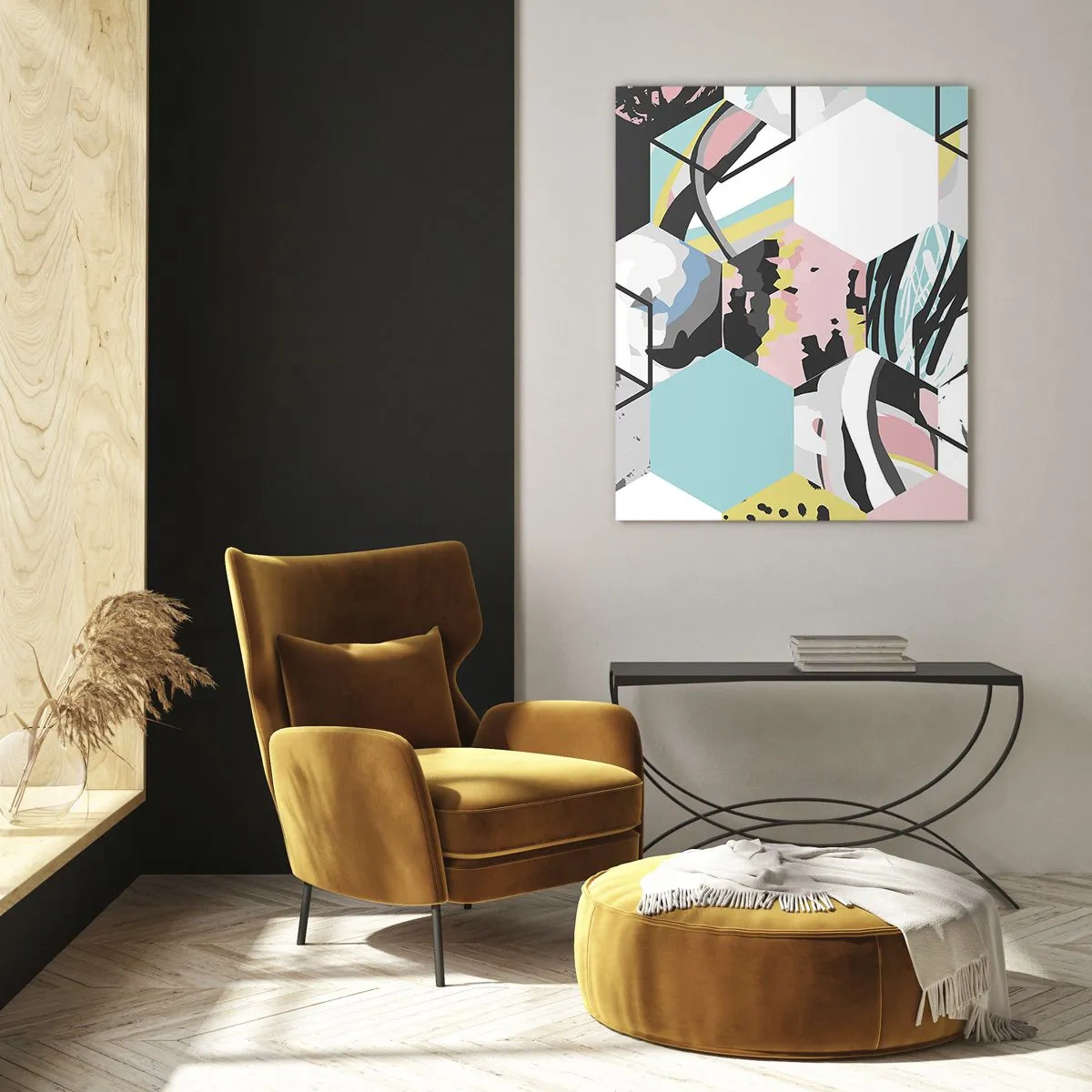 Glass picture - Hexagons and Cubes in Six Colours - 80x120 cm