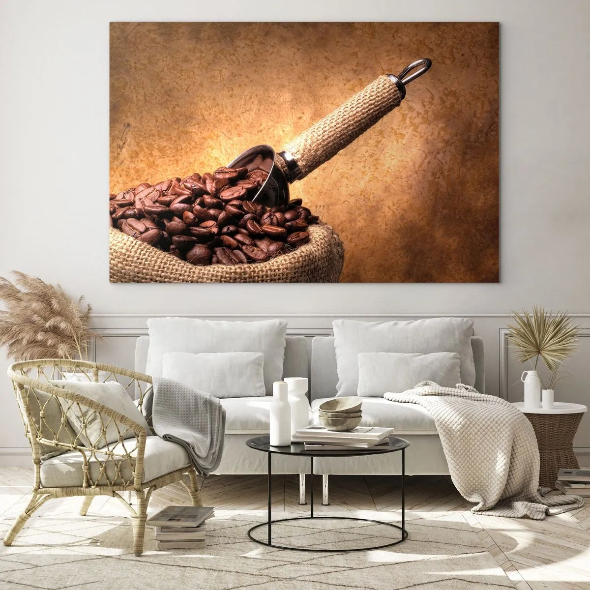 Glass picture - Coffee beans in a jute bag with a metal scoop - 70x50cm - Grain of Flavour - Modern wall decoration for the living room and bedroom ARTTOR