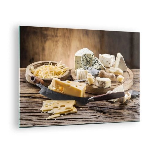 Glass picture - Cheese board with knife on rustic table - 70x50cm - Say Cheese! - Modern wall decoration for the living room and bedroom ARTTOR