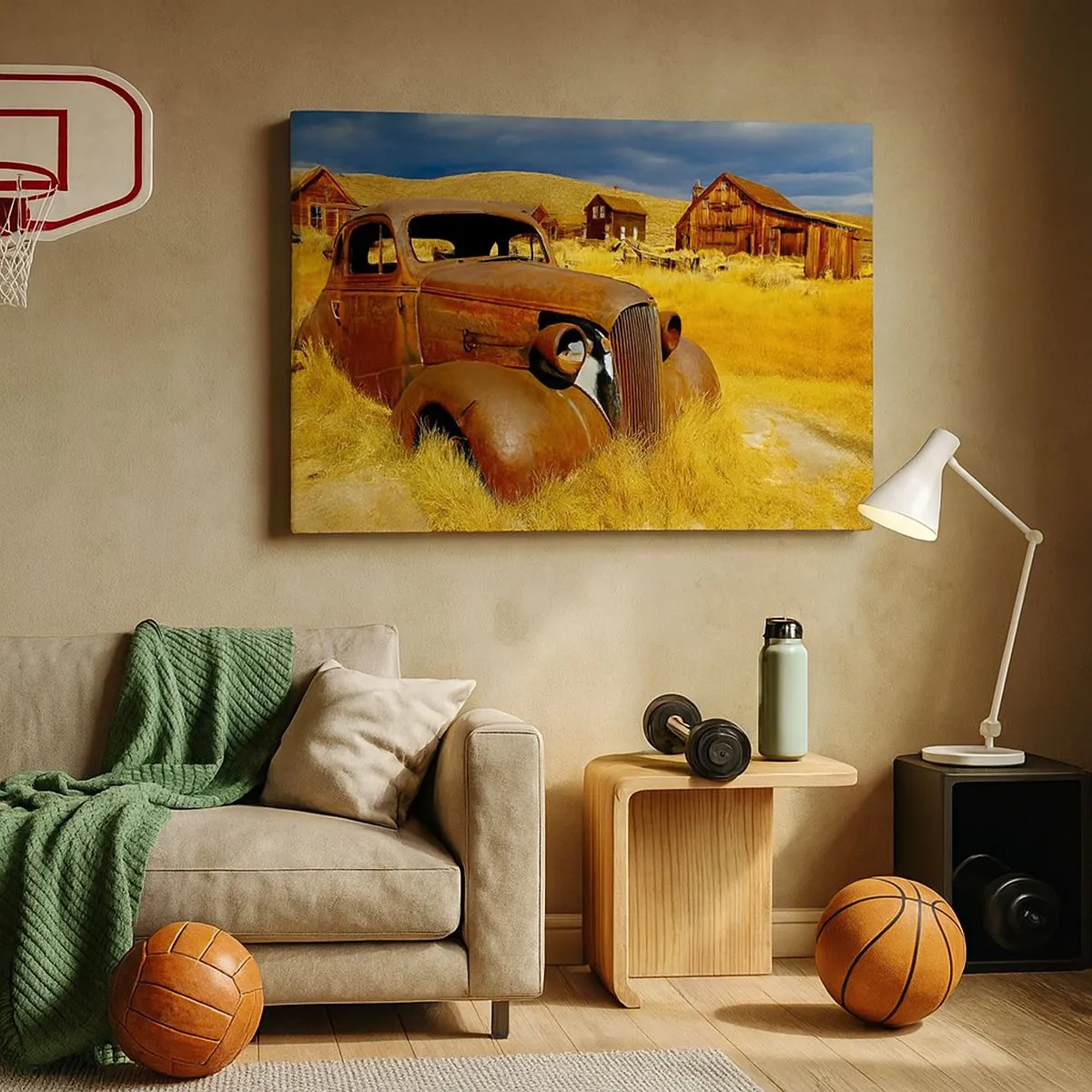Canvas picture - An old rusty car against the backdrop of abandoned wooden huts - 70x50cm - Deserved Rest - Modern wall decoration for the living room and bedroom ARTTOR