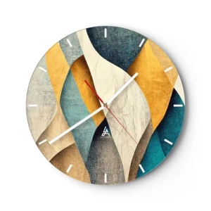 Wall clock - Clock on glass - Geometric waves in gold, navy blue, turquoise and beige - 30x30cm - Rhythm and Undulation - Modern wall decoration for the living room, kitchen, and bedroom ARTTOR