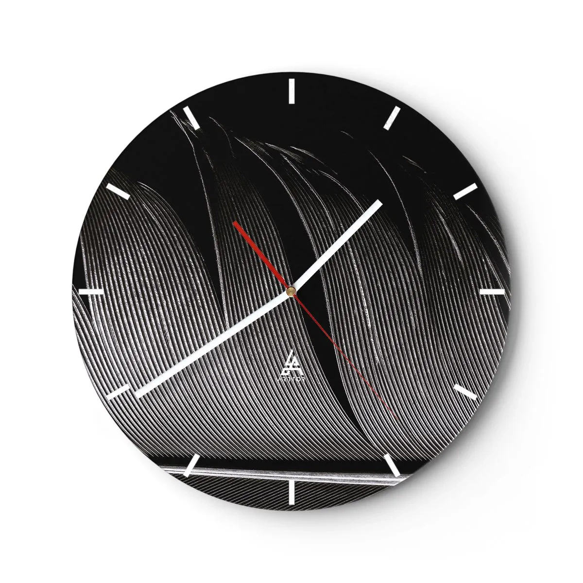 Wall clock - Clock on glass - Close-up of a feather in contrasting black and white - 30x30cm - Feather - Wonderful Constract - Modern wall decoration for the living room, kitchen, and bedroom ARTTOR