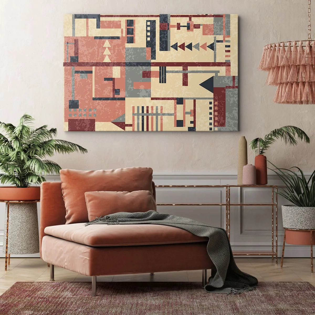 Canvas picture - Geometric pattern in pastel shades of beige, red and gray - 70x50cm - Combinations of Verticals and Horizontals - Modern wall decoration for the living room and bedroom ARTTOR