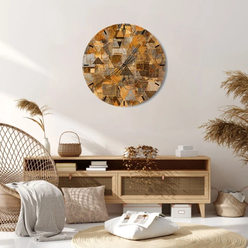 Wall clock - Clock on glass - Abstract geometric pattern in shades of gold and brown - 30x30cm - World Caught in One Form - Modern wall decoration for the living room, kitchen, and bedroom ARTTOR