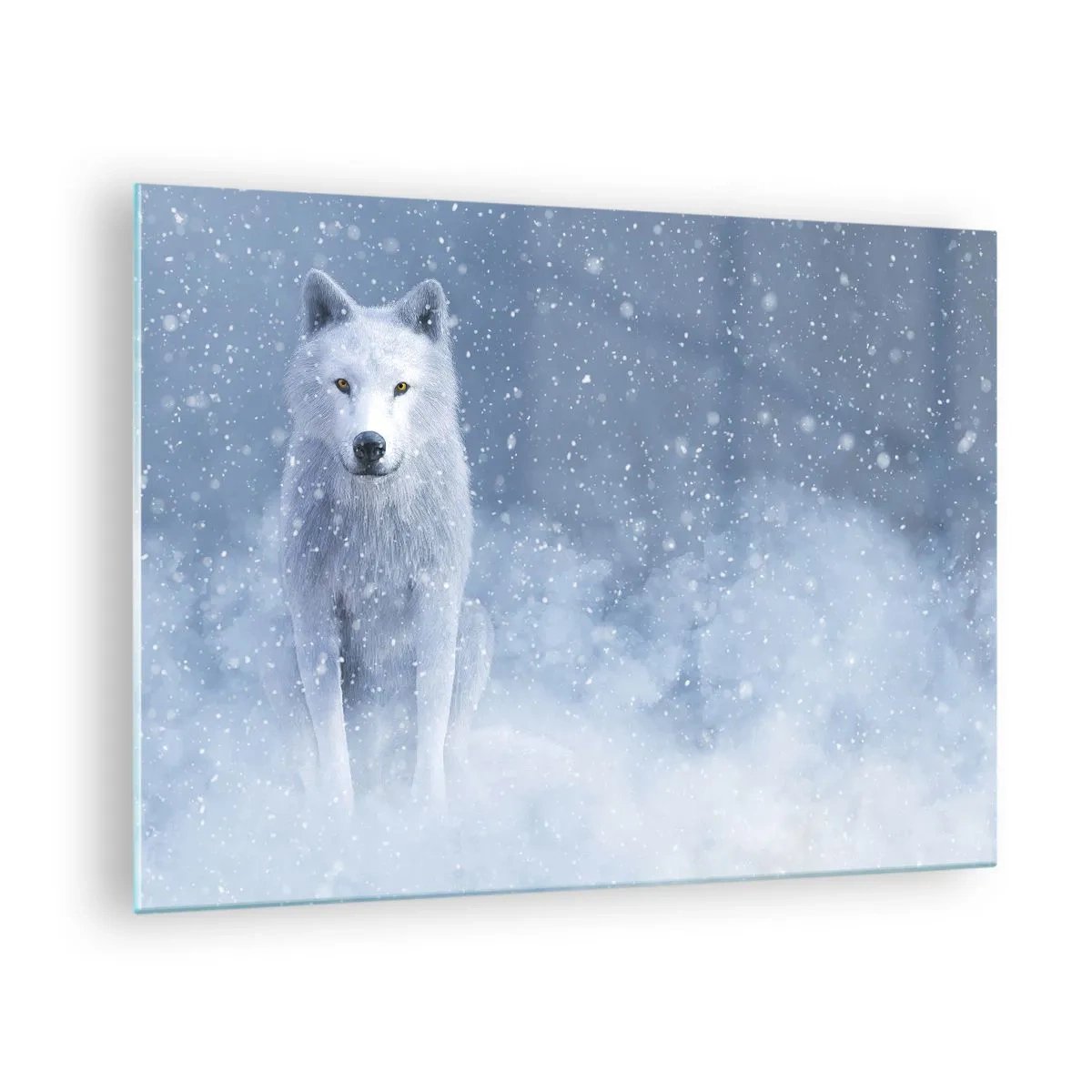 Glass picture - A white wolf in a snowstorm looking straight ahead - 70x50cm - In Winter Spirit - Modern wall decoration for the living room and bedroom ARTTOR
