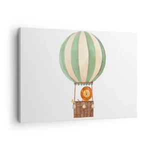 Canvas picture - A balloon with a smiling lion in a pastel-colored basket - 70x50cm - Leon's Adventures - Modern wall decoration for the living room and bedroom ARTTOR