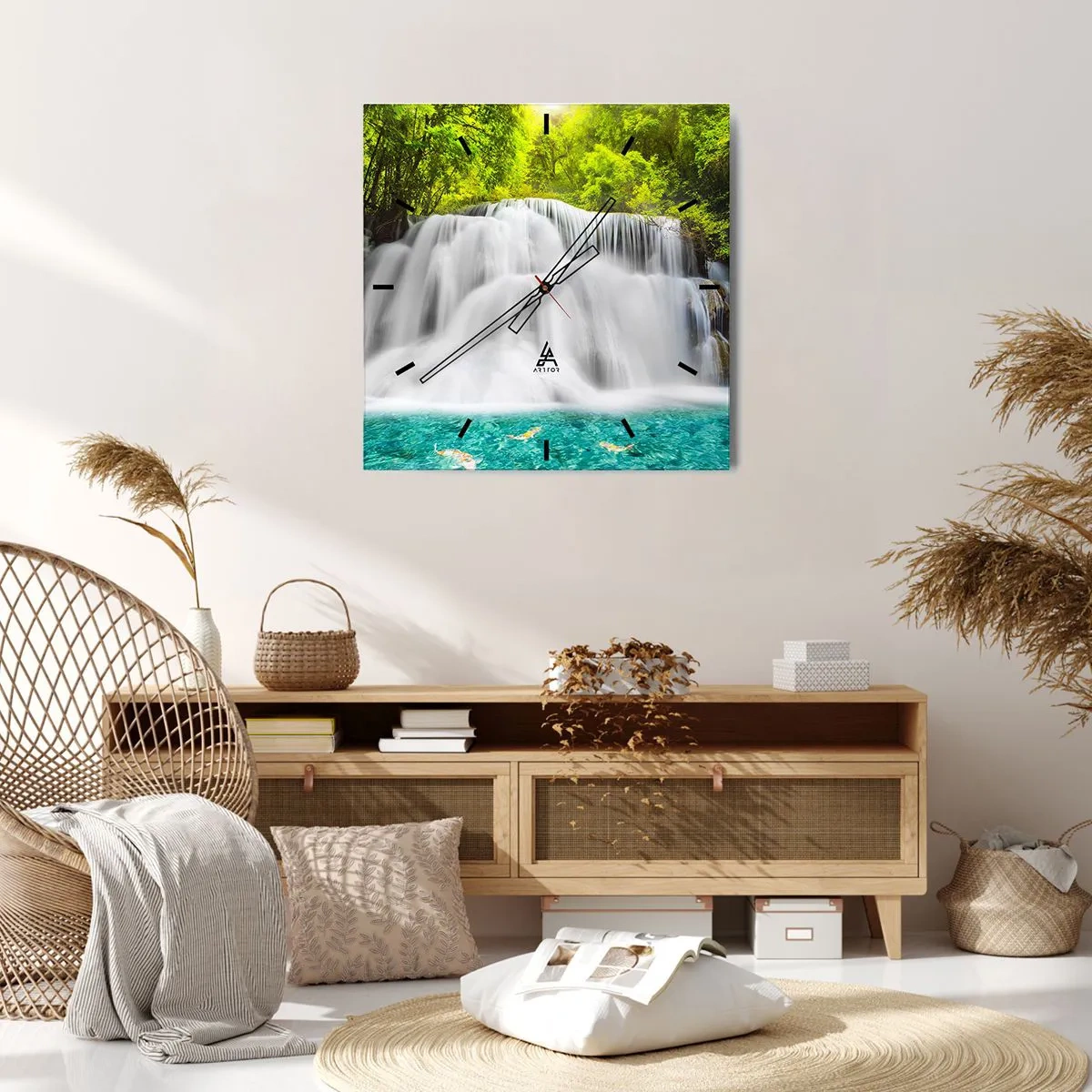 Wall clock - Clock on glass - Foamy Cascade from Green to Azure - 40x40 cm
