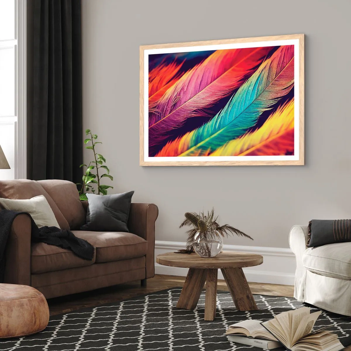 Poster in light oak frame - Feathered Rainbow - 40x30 cm