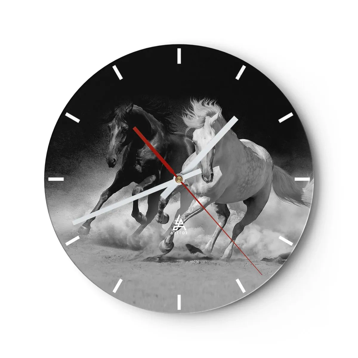 Wall clock - Clock on glass - A black and white motif of galloping horses against a dusty background. - 30x30cm - Gallop of Freedom - Modern wall decoration for the living room, kitchen, and bedroom ARTTOR