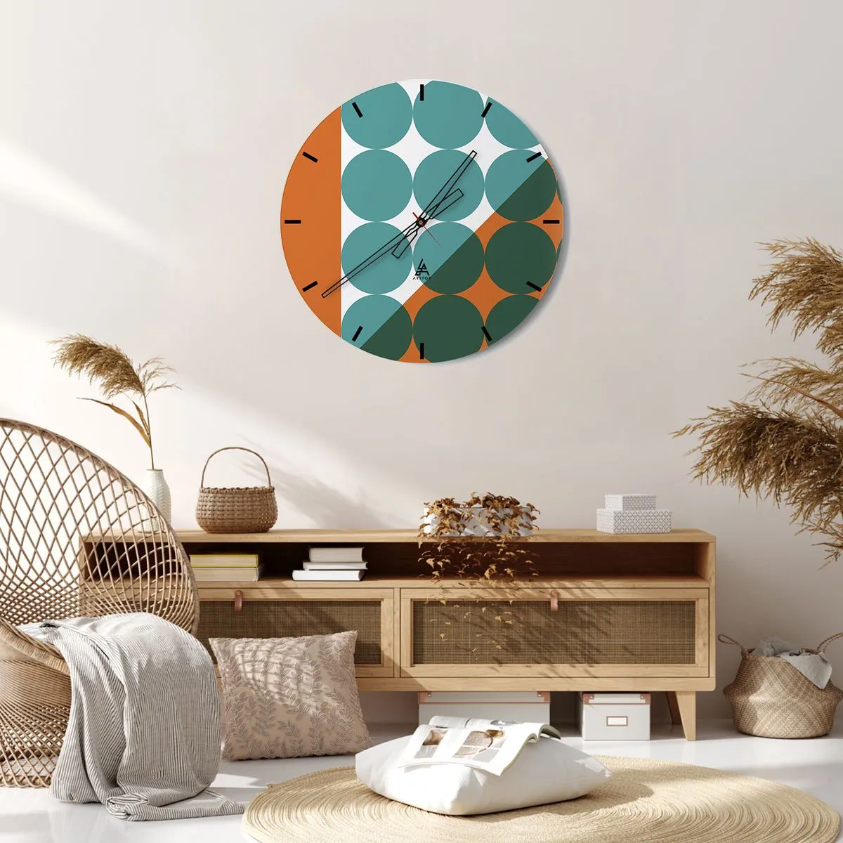 Wall clock - Clock on glass - Geometric circles in shades of green and orange - 30x30cm - Upwards and Diagonally - Modern wall decoration for the living room, kitchen, and bedroom ARTTOR