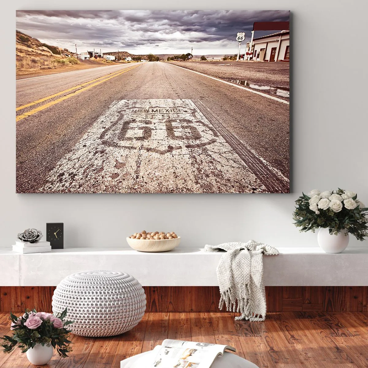 Canvas picture - Route 66 in a desert climate with a picturesque sky - 70x50cm - Mother Road - American Legend - Modern wall decoration for the living room and bedroom ARTTOR