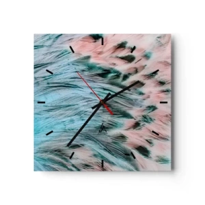 Wall clock - Clock on glass - Sapphire and Pink Feathers - 40x40 cm