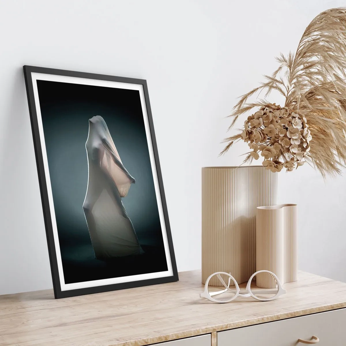 Poster in black frame - A figure hidden under a transparent material in a dark background - 50x70cm - Hidden Desires - Modern wall decoration for the living room and bedroom ARTTOR