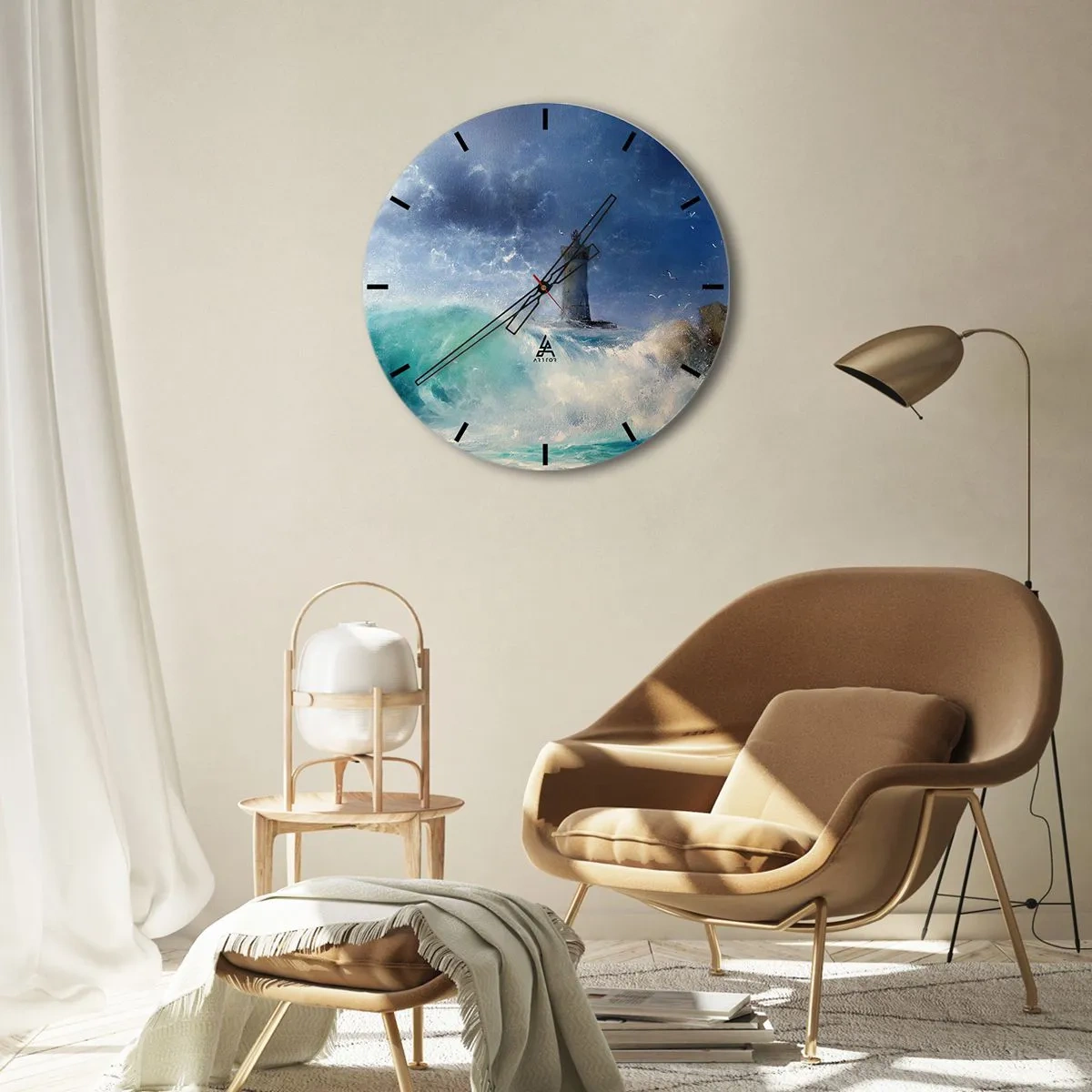 Wall clock - Clock on glass - A lighthouse surrounded by rough seas and stormy skies - 30x30cm - Standing Guard against the Elements - Modern wall decoration for the living room, kitchen, and bedroom ARTTOR