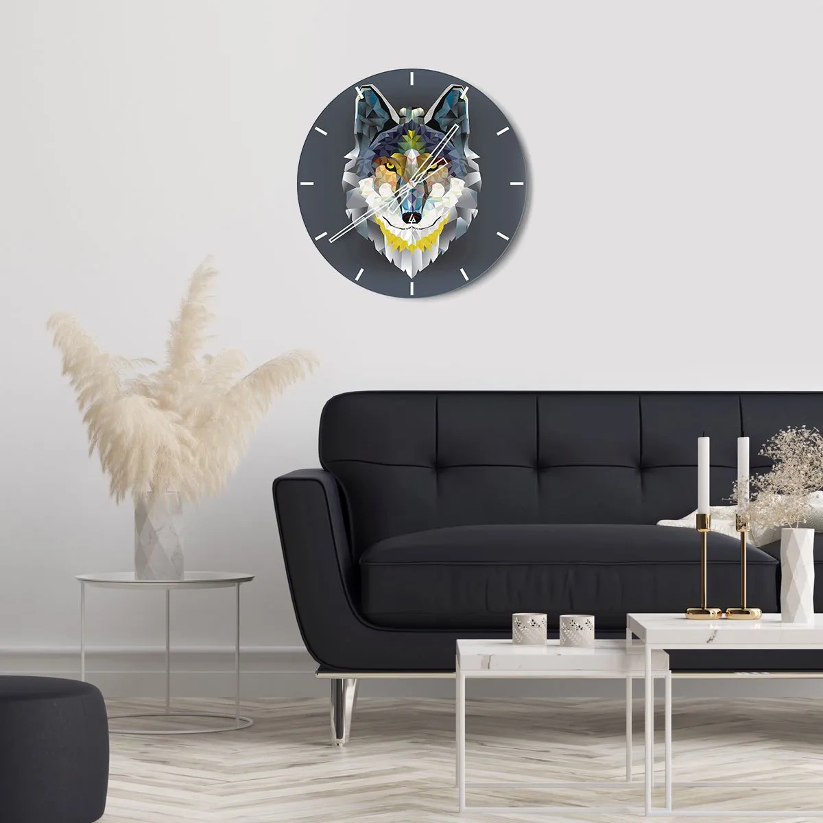 Wall clock - Clock on glass - Geometric image of a wolf on a dark background - 30x30cm - Speaking of the Wolf - Modern wall decoration for the living room, kitchen, and bedroom ARTTOR