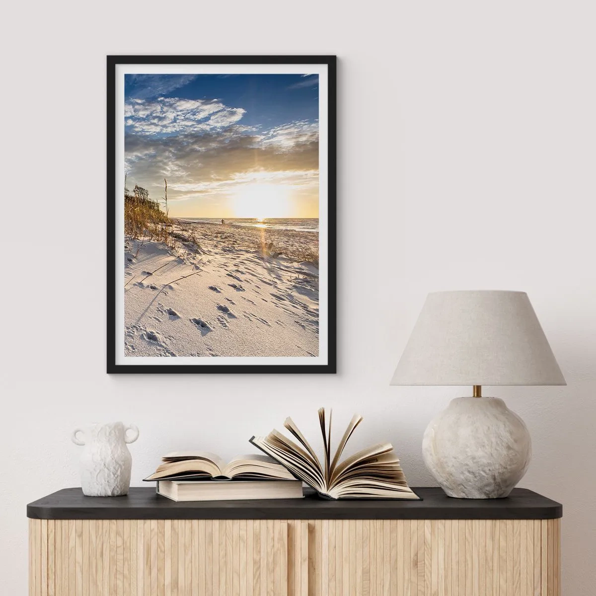 Poster in black frame - A sandy beach illuminated by the setting sun - 50x70cm - Invitation to a Walk - Modern wall decoration for the living room and bedroom ARTTOR