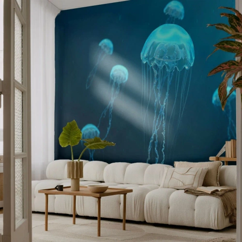 Photo Wallpaper Premium Sand - Ocean Dance - Jellyfish, Ocean, Water - 350x256 cm
