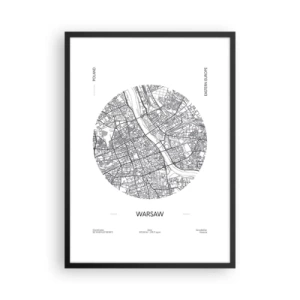 Poster in black frame - Minimalist map of Warsaw in a circle - 50x70cm - Anatomy of Warsaw - Modern wall decoration for the living room and bedroom ARTTOR