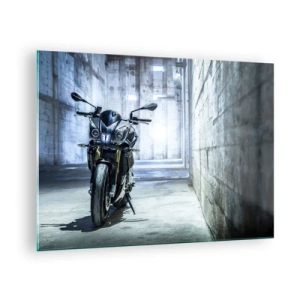 Glass picture - A motorcycle in an industrial interior with concrete walls - 70x50cm - Before the Engine Starts - Modern wall decoration for the living room and bedroom ARTTOR