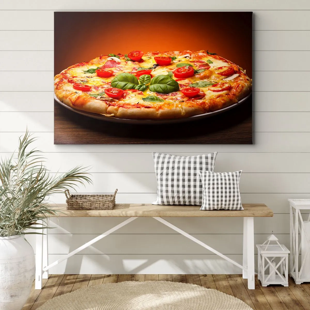 Canvas picture - Pizza with tomatoes and basil on a wooden table - 70x50cm - Mamma Mia! - Modern wall decoration for the living room and bedroom ARTTOR