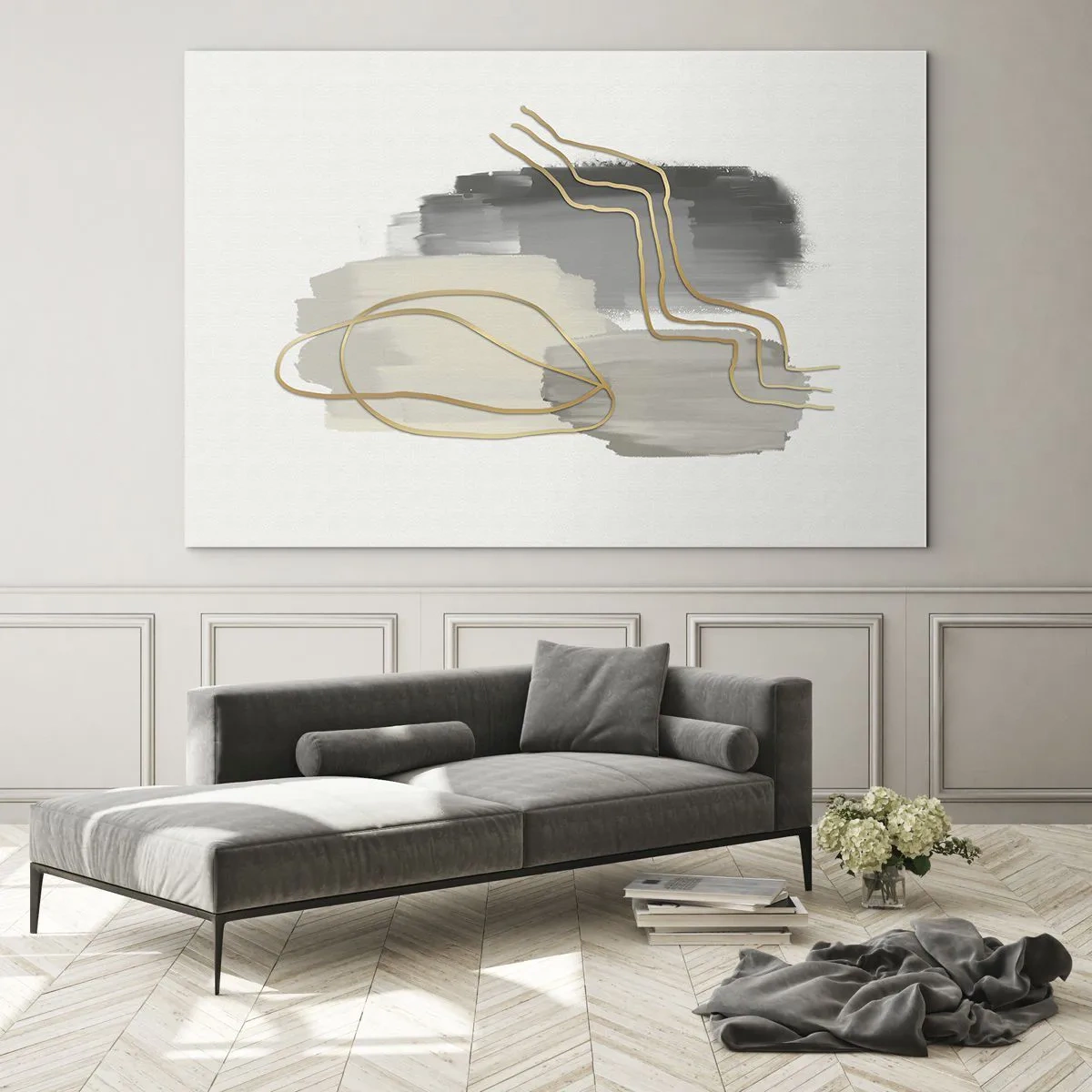 Glass picture - Abstraction with gray spots and gold lines on a light background - 70x50cm - Persistance and Movement - Modern wall decoration for the living room and bedroom ARTTOR
