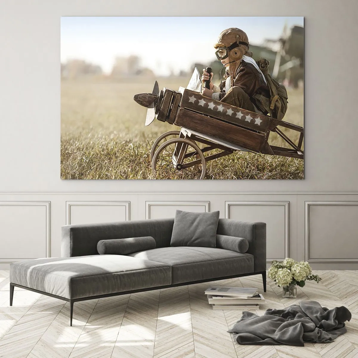 Glass picture - A child in a wooden airplane, pretending to be a pilot, wearing aviator clothes. - 70x50cm - Take off for a Dream - Modern wall decoration for the living room and bedroom ARTTOR