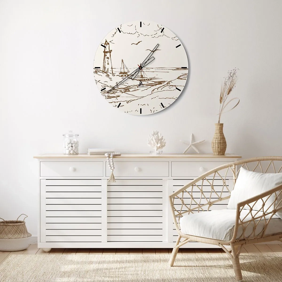 Wall clock - Clock on glass - Illustration of a lighthouse with a sailboat and birds against the sky - 30x30cm - Outline of a Summer Postcard - Modern wall decoration for the living room, kitchen, and bedroom ARTTOR