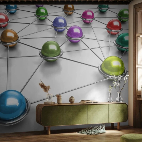 Custom Self-Adhesive Wallpaper Deluxe Sticker - Space's Web - Abstraction, Metal Balls, 3D