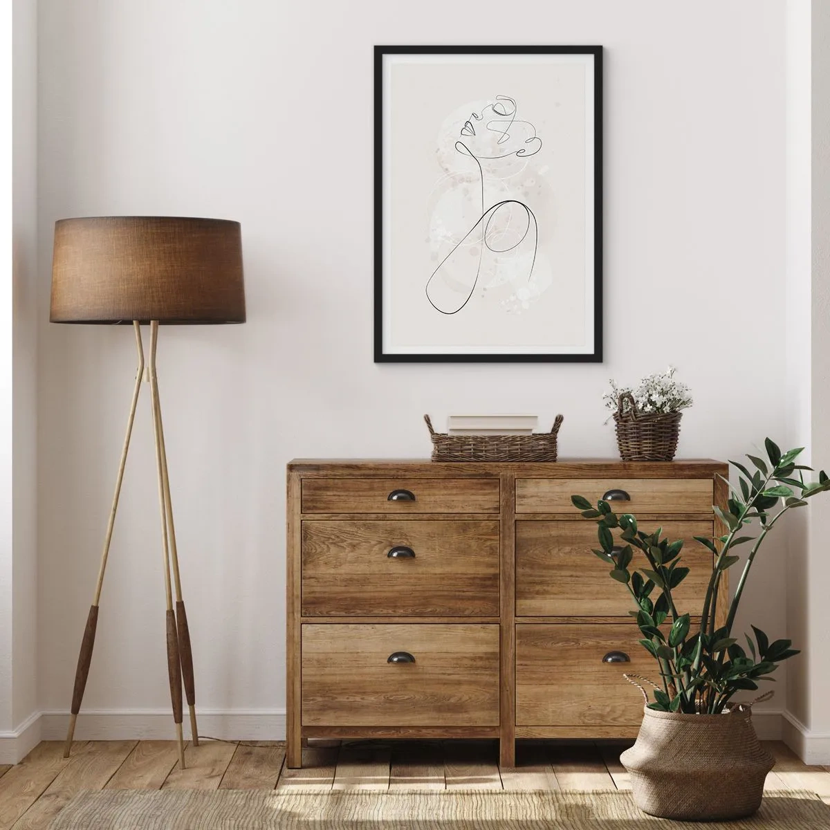 Poster in black frame - The contour line of the figure against the background of delicate pastel shapes - 50x70cm - Spiral of Beauty - Modern wall decoration for the living room and bedroom ARTTOR
