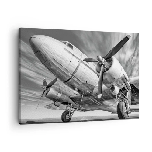 Canvas picture - A black and white image of a classic airplane with visible structural details. - 70x50cm - Always Ready to Fly - Modern wall decoration for the living room and bedroom ARTTOR
