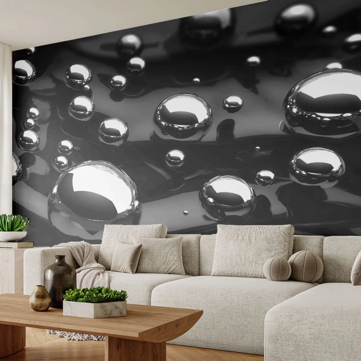 Photo Wallpaper Premium Canvas - From Black Depths - Abstraction, Chrome Balls, 3D - 150x105 cm