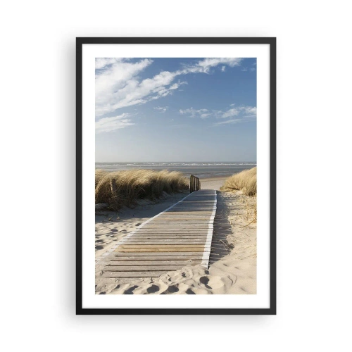Poster in black frame - Beach path through the dunes with blue skies - 50x70cm - Behind a Dune, in the Hum of Trees - Modern wall decoration for the living room and bedroom ARTTOR