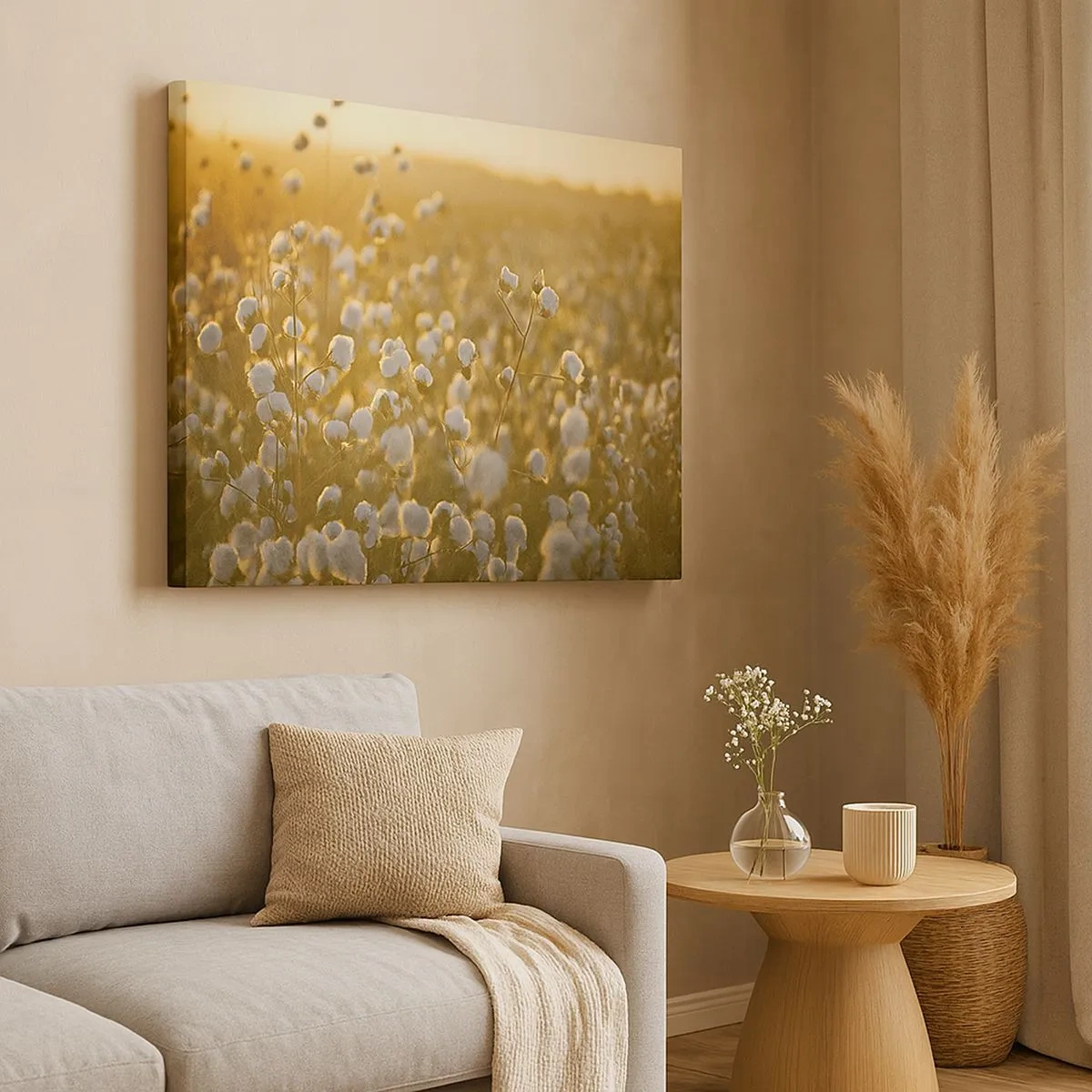 Canvas picture - A cotton field in the warm light of the setting sun - 70x50cm - Fluffy Field - Modern wall decoration for the living room and bedroom ARTTOR