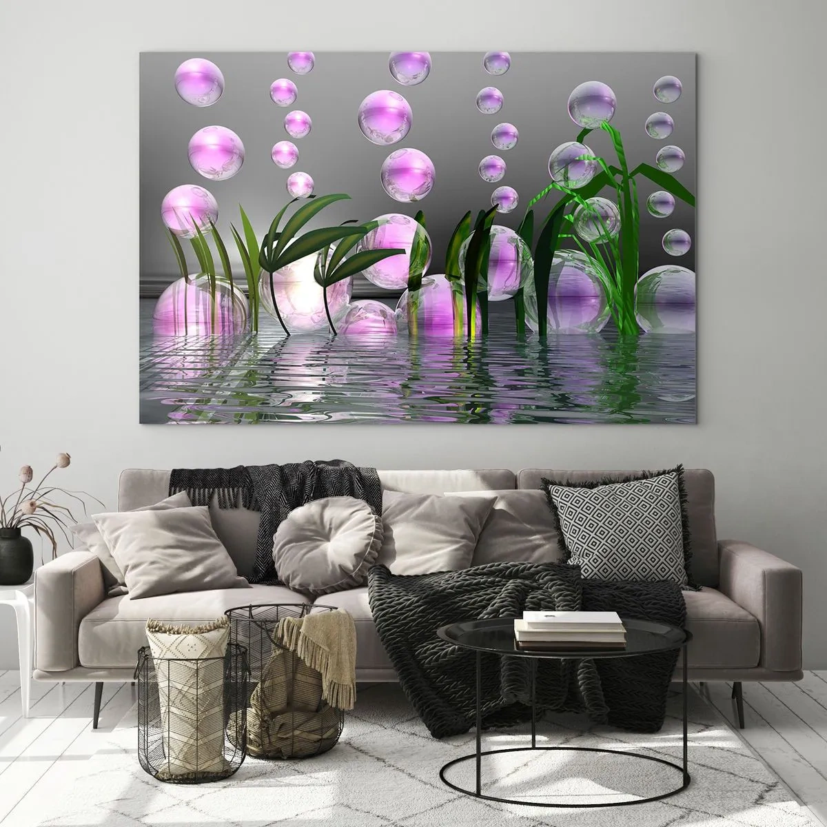 Glass picture - Purple bubbles floating above water with plants - 70x50cm - Reflexive Composition of Lightness and Life - Modern wall decoration for the living room and bedroom ARTTOR