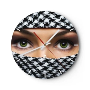 Wall clock - Clock on glass - Green eyes hidden behind a black and white fabric pattern - 30x30cm - Portrait of Head-scarfed Beauty - Modern wall decoration for the living room, kitchen, and bedroom ARTTOR